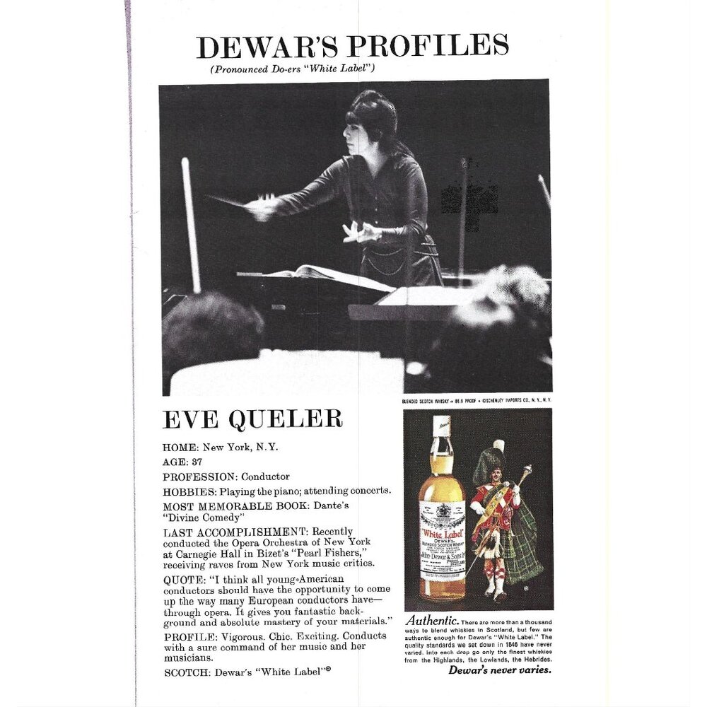 Eve Queler Conductor Orchestra Dowar's Profiles Dewar Scotch 1970s Print Ad 9 in